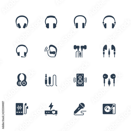 Headphones and audio equipment icon set in glyph style