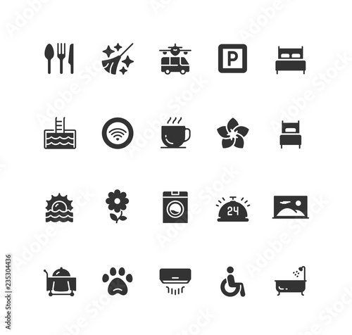 Hotel facilities and services vector icon set in glyph style
