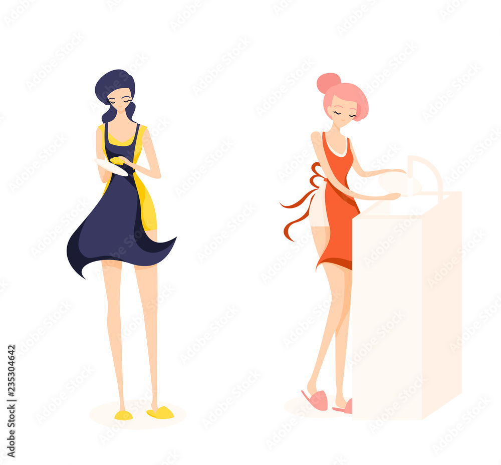 Two cute girl cleaners. Girl with pink hair is washing a plate and brunette is washing dishes. Two cute girl cleaners. Girl with pink hair is washing a plate and brunette is washing dishes.