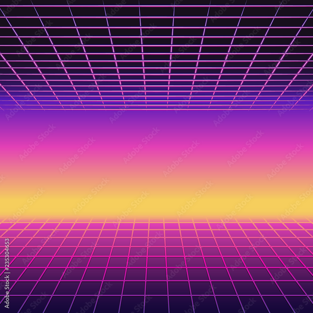 Retro 80s futuristic design. Neon sunset background with laser grids Stock  Vector | Adobe Stock