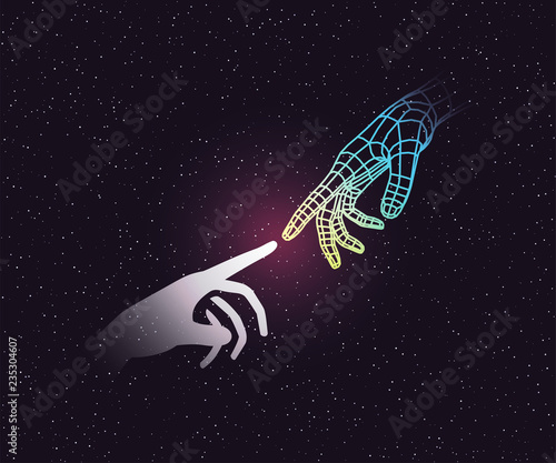 Retro 80s futuristic deep space design. Human hands pointing one another one of which is wireframe