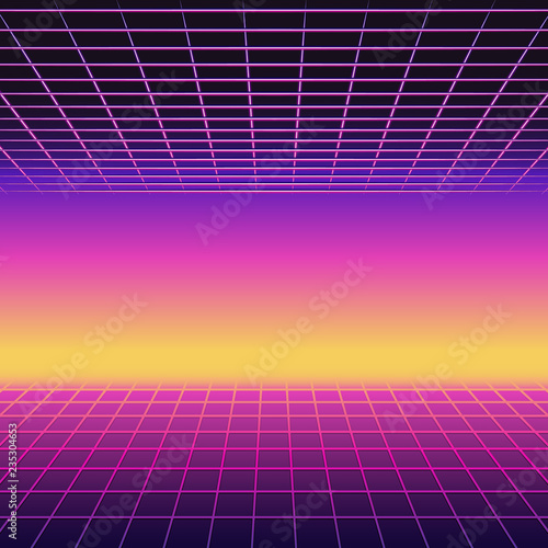 Retro 80s futuristic design. Neon sunset background with laser grids