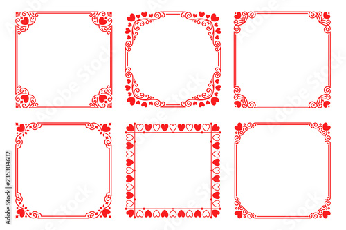 Vector set of square frames with hearts, flourishes