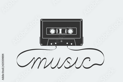 Silhouette of compact cassette with analog magnetic audio tape in form and shape of 'music' text