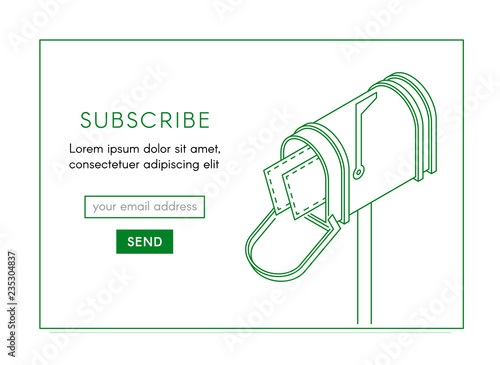Online newsletter template. Email subscribe form, submit button and open isometric mailbox with envelopes. Illustration in outline style
