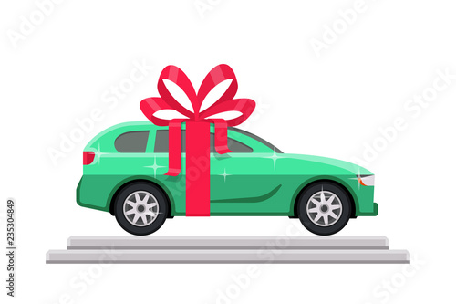 Green car with red bow on the podium in flat style. Vector illustration