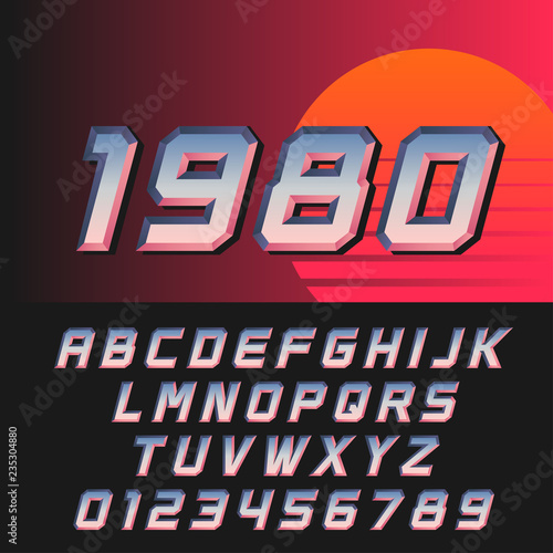 Slanted retro futuristic font in style of 80s, letters and numbers