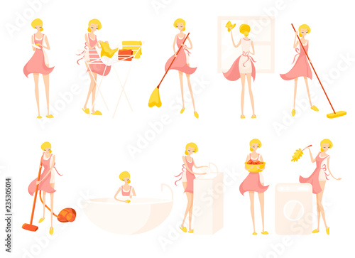 Big set with cute blonde girl cleaning lady in pink bathrobe