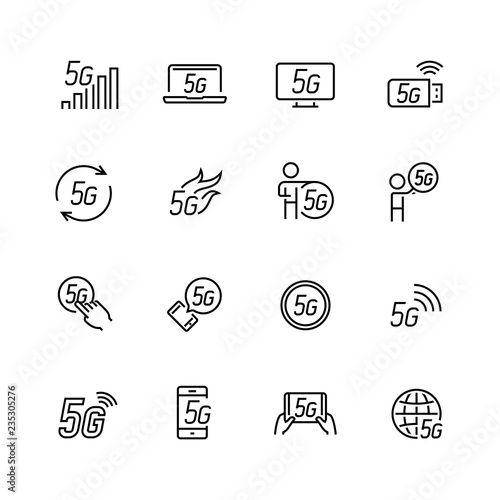 5G or 5th generation mobile network related vector icon set in thin line style