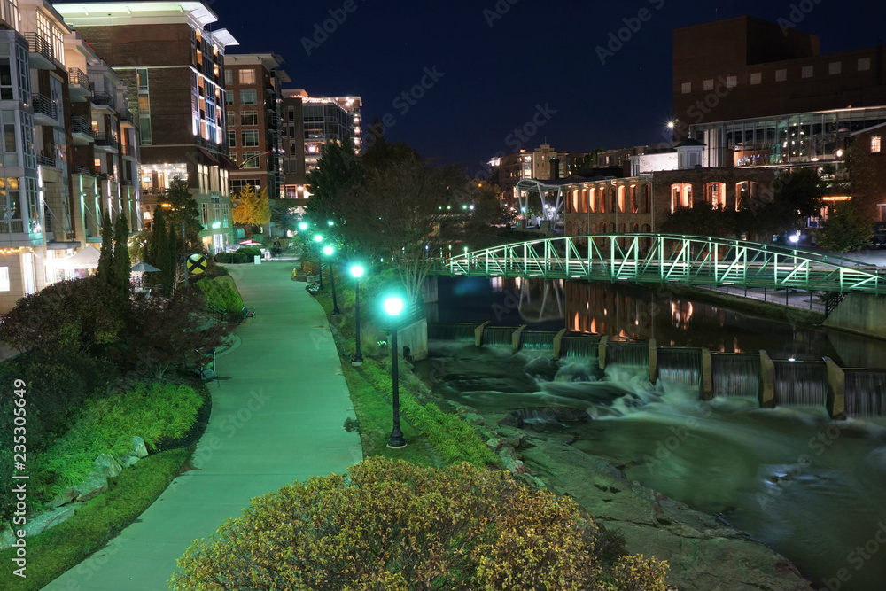 Downtown cityscape of Greenville South Carolina at night