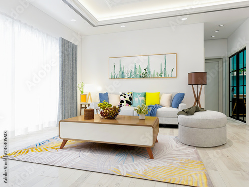 Spacious and clean living room design  sofa  coffee table and decorative painting  TV  etc.