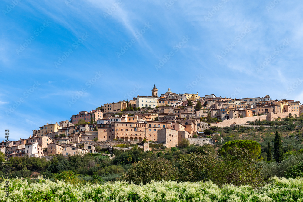 Beautiful panoramic view of the medieval hill town Trevi. Trevi, Perugia, Umbria, Italy