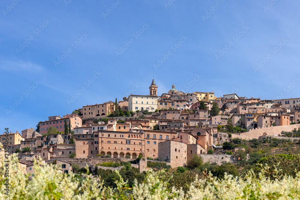 Beautiful panoramic view of the medieval hill town Trevi. Trevi, Perugia, Umbria, Italy