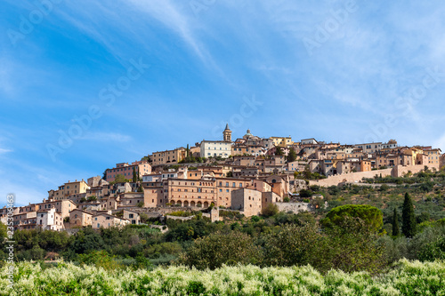 Beautiful panoramic view of the medieval hill town Trevi. Trevi  Perugia  Umbria  Italy
