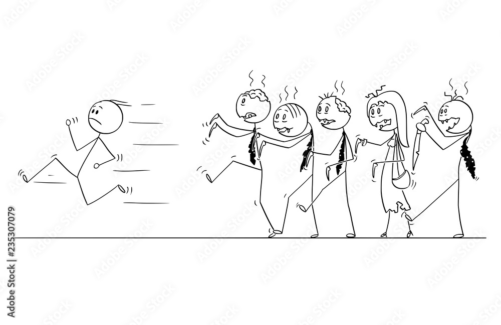 Cartoon stick drawing conceptual illustration of man running away from crowd of walking undead zombie businessmen.Halloween drawing. Cartoon stick drawing conceptual illustration of man running away from crowd of walking undead zombie businessmen.Halloween drawing.