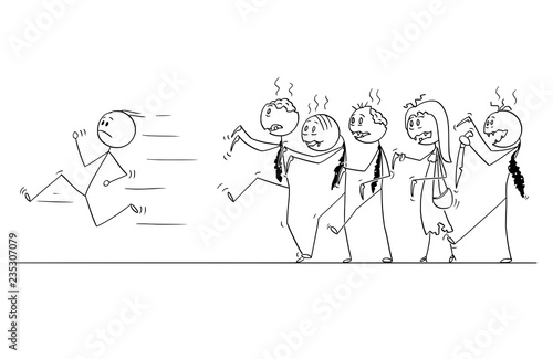 Cartoon stick drawing conceptual illustration of man running away from crowd of walking undead zombie businessmen.Halloween drawing.