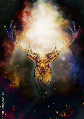 sacred ornamental deer spirit in cosmic space.