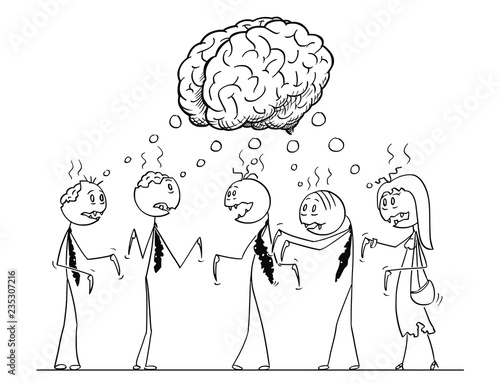 Cartoon stick drawing illustration of team of five undead zombie businessmen having the brainstorming. Halloween teamwork drawing.