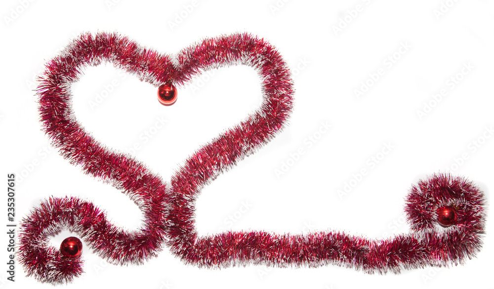 Heart of red Christmas tinsel with three red balls. Isolated on white. Heart of red Christmas tinsel with three red balls. Isolated on white.