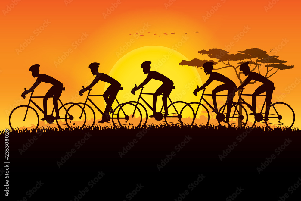 Group of cyclist riding on the meadows and plains with scenery of sunset on the horizon over the mountain landscape. Vector illustration of cycling sport concept Group of cyclist riding on the meadows and plains with scenery of sunset on the horizon over the mountain landscape. Vector illustration of cycling sport concept