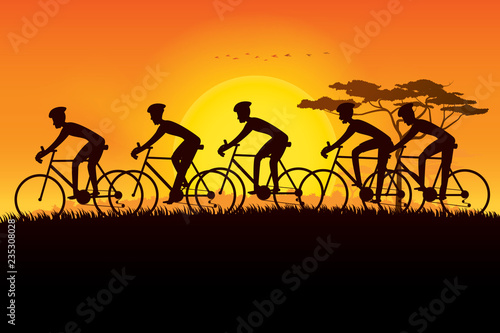 Group of cyclist riding on the meadows and plains with scenery of sunset on the horizon over the mountain landscape. Vector illustration of cycling sport concept