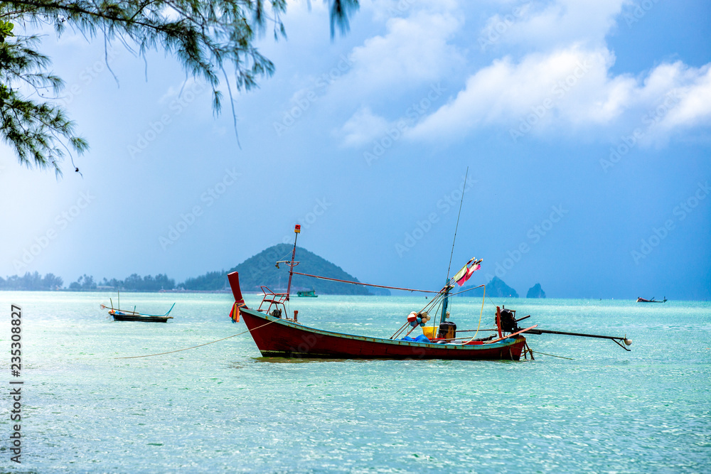 Long tail boat and tropical beach, Samui Island, Thailand.