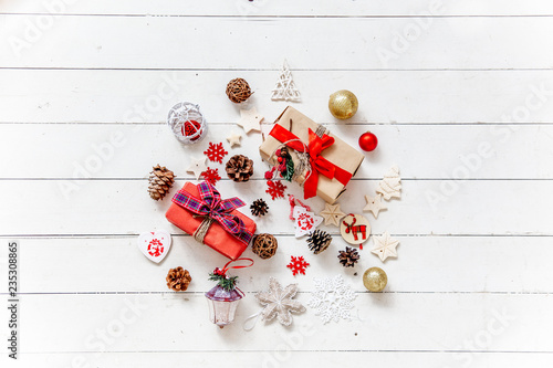 Christmas presents and boxes on wooden background