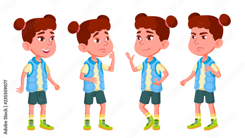 Girl Kindergarten Kid Poses Set Vector. Character Playing. Childish. Casual Clothe. For Presentation, Print, Invitation Design. Isolated Cartoon Illustration Girl Kindergarten Kid Poses Set Vector. Character Playing. Childish. Casual Clothe. For Presentation, Print, Invitation Design. Isolated Cartoon Illustration