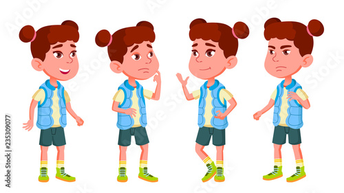 Girl Kindergarten Kid Poses Set Vector. Character Playing. Childish. Casual Clothe. For Presentation, Print, Invitation Design. Isolated Cartoon Illustration