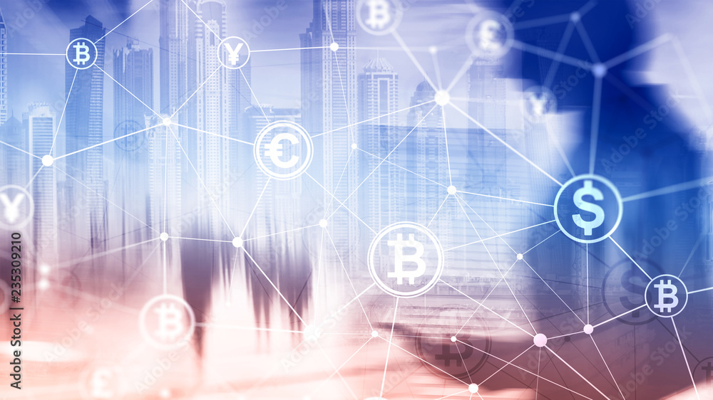 Double exposure Bitcoin and blockchain concept. Digital economy and currency trading. Double exposure Bitcoin and blockchain concept. Digital economy and currency trading.