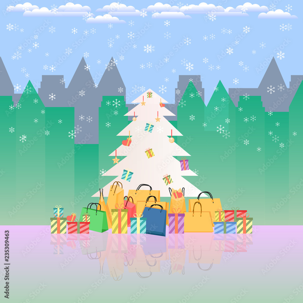 pine tree town snowing end year sale gift present merry christmas and happy new year vector illustration eps10