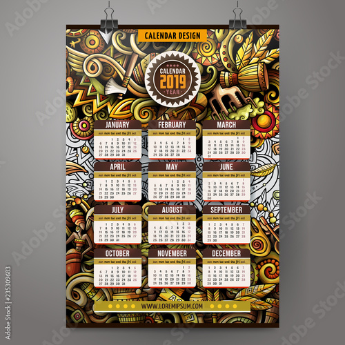 Cartoon colorful hand drawn doodles Africa 2019 year calendar