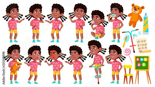 Girl Kindergarten Kid Poses Set Vector. Black. Afro American. Caucasian Child Expression. Activity. For Banner, Flyer, Web Design. Isolated Cartoon Illustration