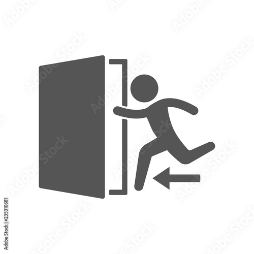 Emergency exit with human figure sign icon. Door with arrow symbol. Fire exit. Flat design set. Vector illustration