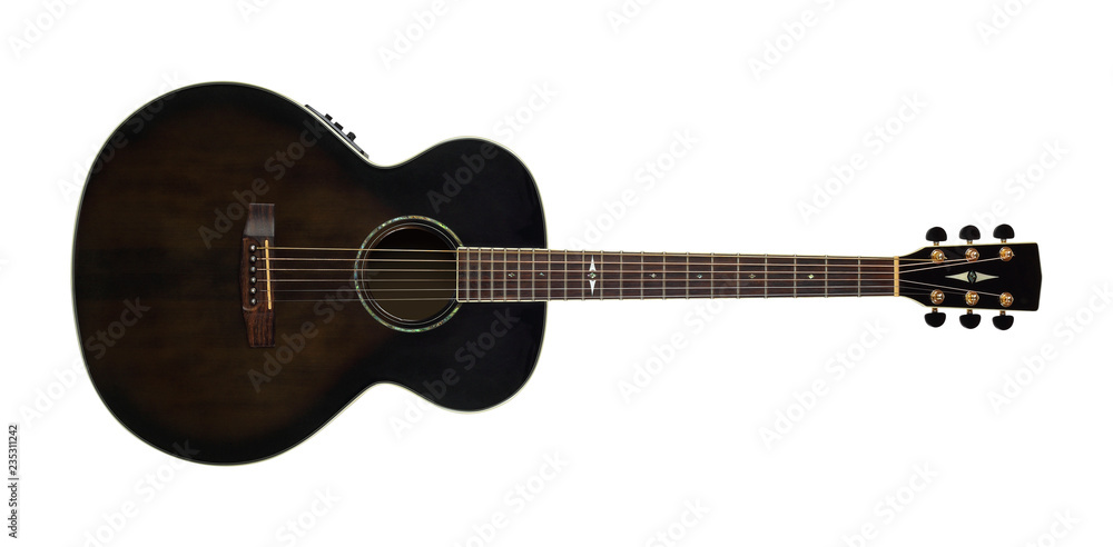 Musical instrument - Top view brown acoustic guitar. Isolated