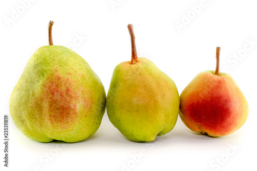 Three pears isolated on white background. Green, yellow-green and red colors.