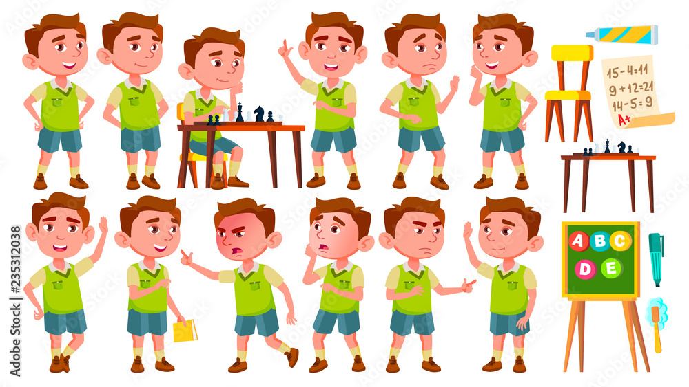 Boy Kindergarten Kid Poses Set Vector. Preschool. Young Person. Cheerful. For Web, Brochure, Poster Design. Isolated Cartoon Illustration Boy Kindergarten Kid Poses Set Vector. Preschool. Young Person. Cheerful. For Web, Brochure, Poster Design. Isolated Cartoon Illustration