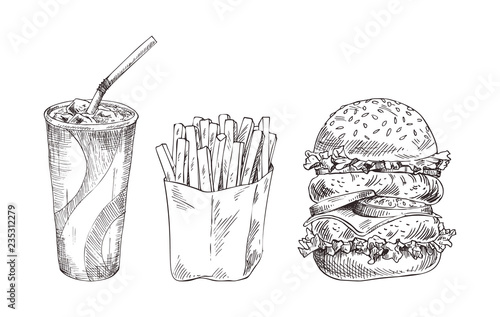 Fast food set hand drawn vector monochrome sketch