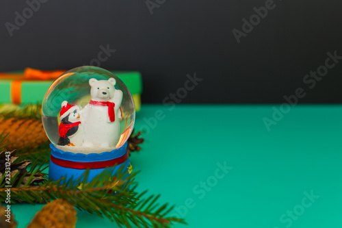 Christmas background. Snow globe with copy space