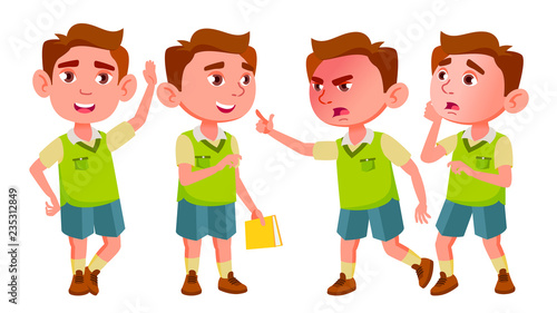 Boy Kindergarten Kid Poses Set Vector. Baby Expression. Preschooler. Life. For Postcard, Announcement, Cover Design. Isolated Cartoon Illustration