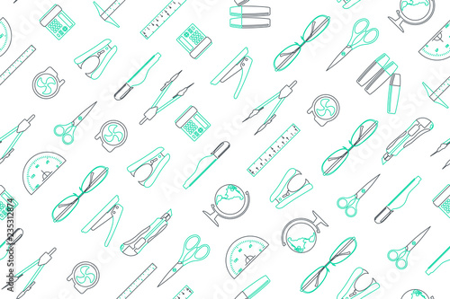 Clip art of office elements arrange on seamless background.