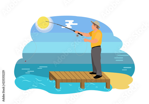 Fish Catching Man on Shore Vector Illustration