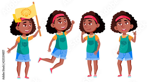 Afro American Girl Set Vector. Black. Education. Casual Clothes, Friend. For Advertisement, Greeting, Announcement Design. Isolated Cartoon Illustration