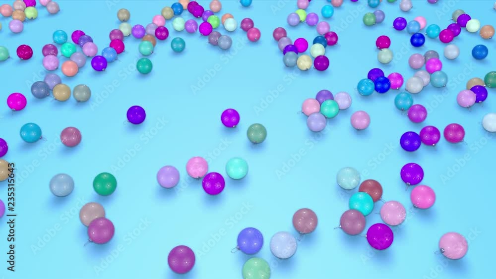 christmas balls fall crumble to the surface. view from top. 3d animation for new year compositions or background. 15 multicolor christmas balls fall crumble to the surface. view from top. 3d animation for new year compositions or background. 15 multicolor