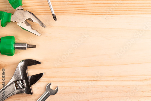 Building tools, Set of tools a wood panel with blank space for Your text or image