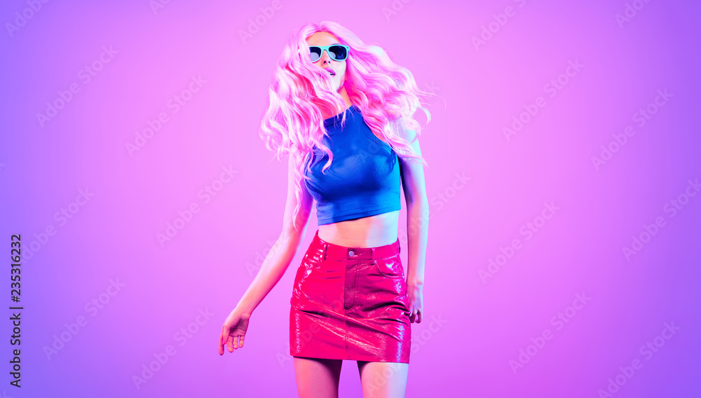 Fashion. Disco Party girl dance in neon light Fashion. Disco Party girl dance in neon light