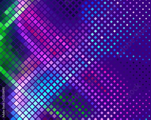 Disco panel. Bright dynamic background with squares. Geometrical figure of different scale neon color. Vector illustration.