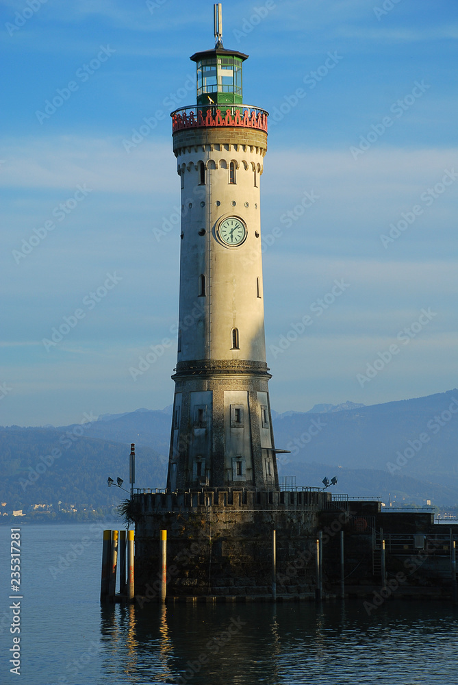 Harbour entrance of Lindau,  Lake Constance (German: Bodensee) with the new lighthouse.