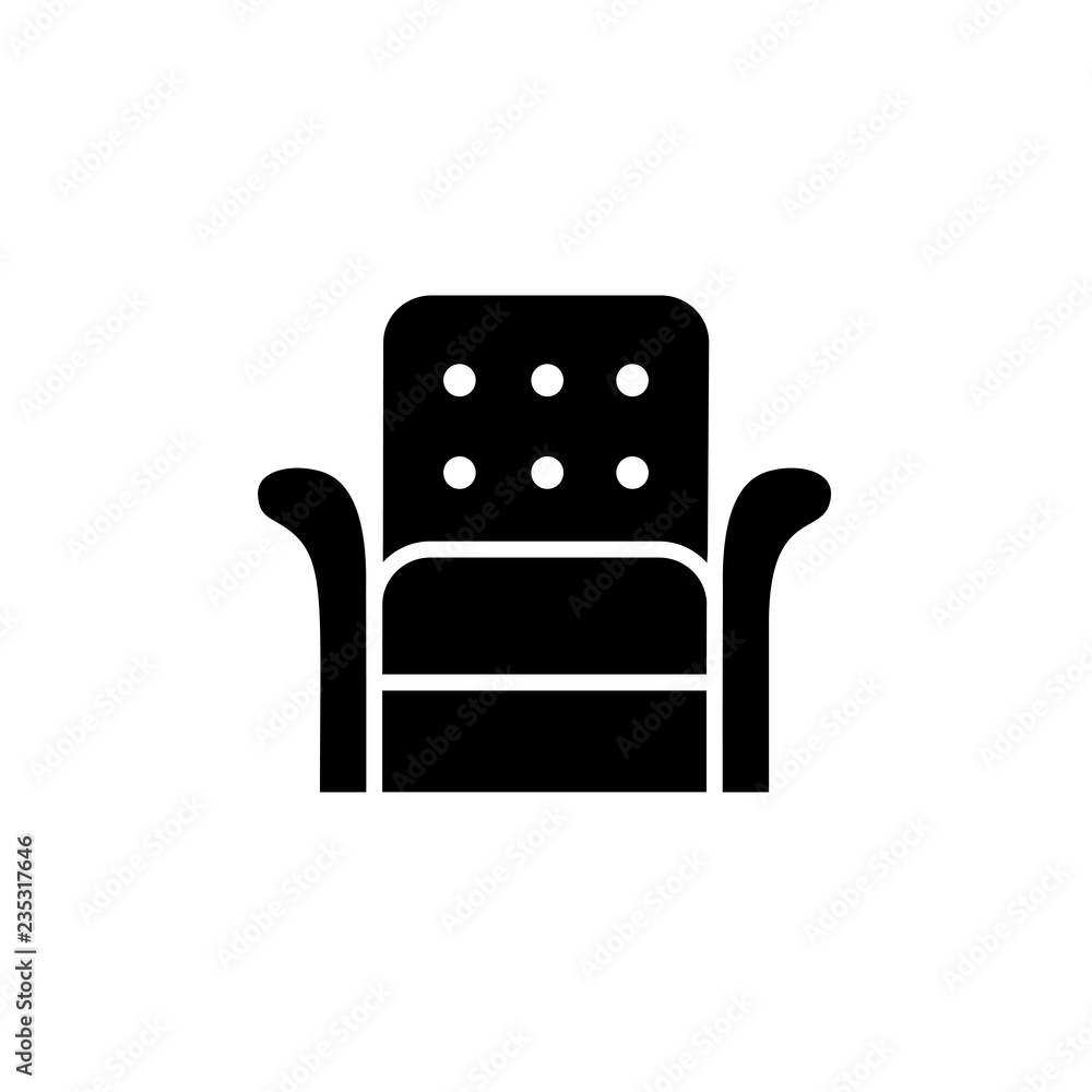 Black & white vector illustration of leather armchair with high back. Flat icon of arm chair seat. Upholstery furniture for home & office. Isolated object Black & white vector illustration of leather armchair with high back. Flat icon of arm chair seat. Upholstery furniture for home & office. Isolated object
