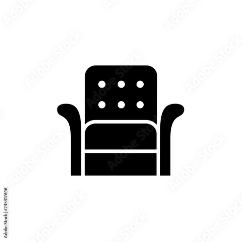 Black & white vector illustration of leather armchair with high back. Flat icon of arm chair seat. Upholstery furniture for home & office. Isolated object